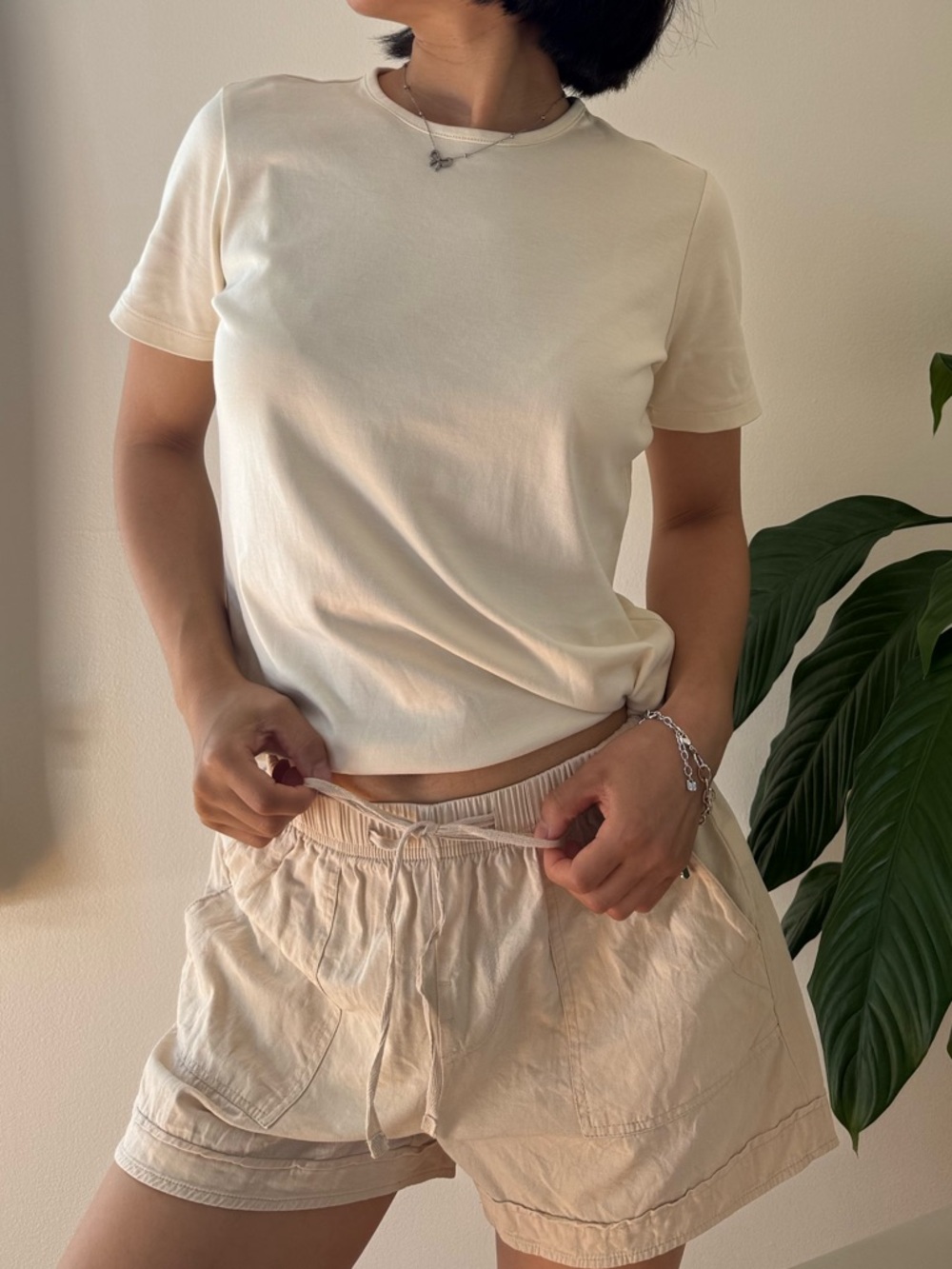 LL Bean 100% Supima Cotton Crewneck Short Sleeve Minimalist Cream Tee Size XS